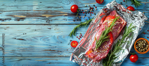 Aluminum foil roll with a piece of raw meat, tomatoes, rosemary and spices on a wooden background.