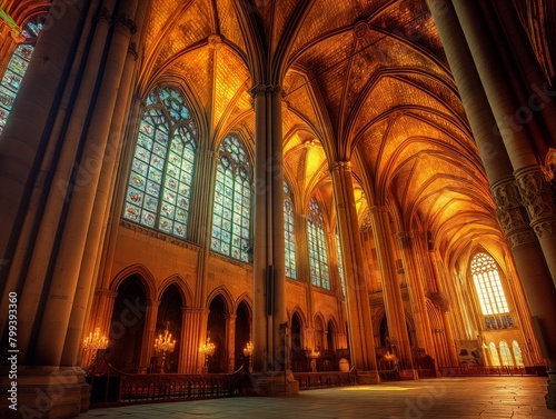 The interior of a large church with many stained glass windows. The light from the sun is shining through the windows, creating a warm and peaceful atmosphere