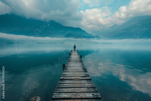 Man standing alone on a dock in a lake surrounded by mountains