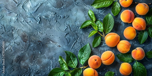 Fresh apricots and green leaves are scattered on a textured dark background, highlighted by water droplets.