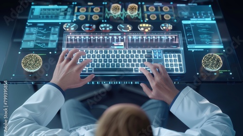 CuttingEdge Medical Researcher Compiling Data on Transparent Keyboard with Virtual Interface and Digital Records Futuristic Technology in Healthcare