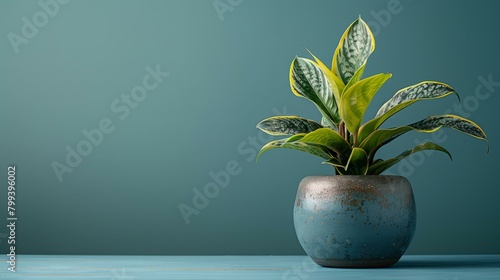 A potted plant sits on a wooden table against a solid green background.