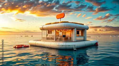 Houseboat floating on top of body of water with sunset in the background.