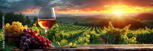 In the tranquil countryside, a vineyard at sunset exudes rustic charm with wine and ripe grapes.
