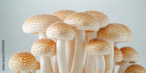 A cluster of mushrooms with brown caps and white stems