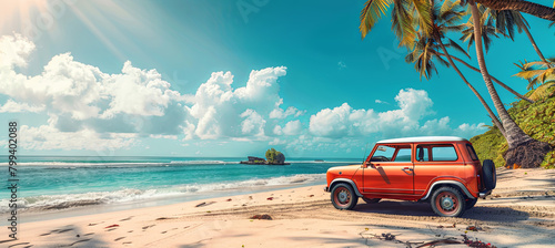 Cute red vintage car on the tropical beach background, travel concept, summer time, holiday and vacation, relaxation