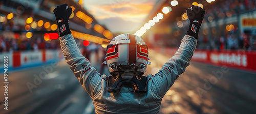 Silhouette of a racing driver celebrating victory in a race against the backdrop of the bright lights of the stadium