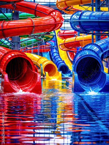 Bunch of water slides that are in pool of some kind of water.