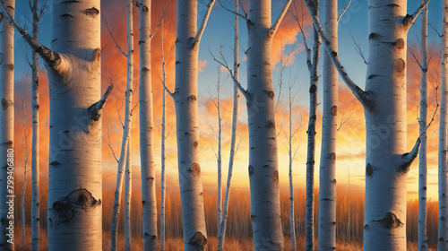 Slender white birch trees stand closely together in golden light against a backdrop of fiery clouds in a sunset sky.
