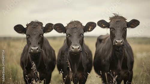 Three Black Cows Standing in a Field of Tall Grass