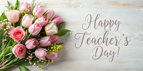 happy teachers day greeting card with flowers on a white background