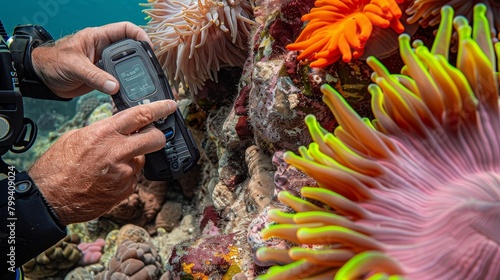 Underwater Adventure Diver's Hands with Waterproof GPS Device and Vibrant Anemone