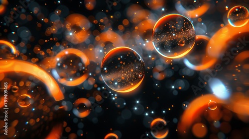  A collection of bubbles hovering above a dark background; orange and blue bubbles intermixed atop them