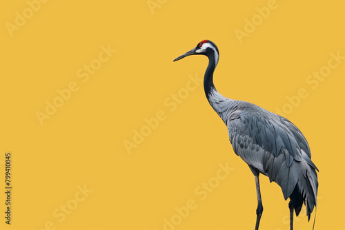 Grey crane on yellow backdrop with head turned to side in natural pose