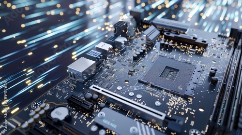 CuttingEdge AI Chipsets Integrated into Motherboard Powering Seamless Hardware and AI Integration Against Digital Data Streams Conceptual Image for SEO Algorithms and Technology Innovation