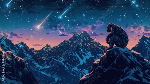 Stylized image of king kong observing the starry sky on a mountain peak in neon colors