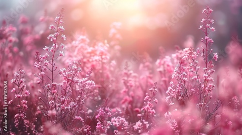 A field filled with pink flowers Sun shines through trees in background