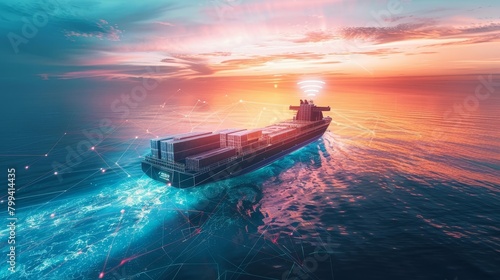 Autonomous Shipping AIPowered Cargo Vessel Charting Course through Futuristic Holographic Seas