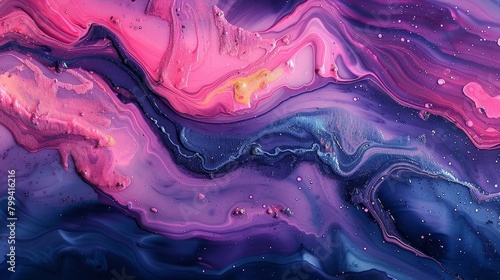  A painting featuring swirling hues of purple, pink, and blue, topped by descending droplets of each color at the canvas' base