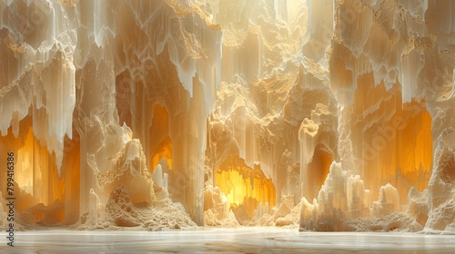  Landscape with ice formations and sun's bright rays illuminating water through windows