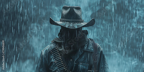 bandit in a cowboy hat and a pandan on his face, standing under the pouring rain in the wild west