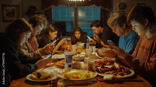 Family Dinner Scene: Everyone Distracted by Their Phones 