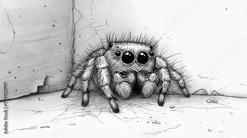  A monochromatic illustration of an arachnid perched atop the earth, with open ocular organs
