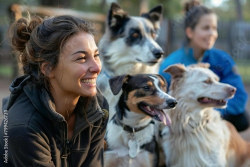 Smiling Animal Trainer Building Bonds with Her Well-Behaved Animal Crew in Outdoor Training Session