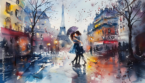 Whimsical watercolor painting of a couple dancing in the rain on the streets of Parisar74v60 Generative AI
