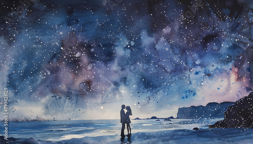 Whimsical watercolor illustration of a couple sharing a kiss under a starry sky on a remote beachar7 Generative AI