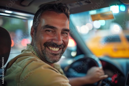 Happy Driver: Portrait of a Smiling Taxi Driver in His Cab