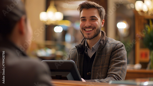 Happy hotel manager talking to guest at reception