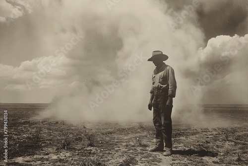 Dust Bowl-era farmer stands with a sense of determination against the violent dust storm engulfing the landscape
