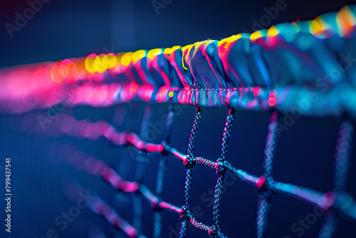 A macro shot of a colorful tennis net with vibrant hues and a blurred background