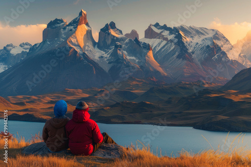Two people sitting, enjoying a scenic mountain view in Torres del Paine in Chile at sunrise. 