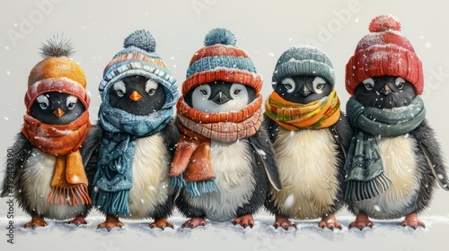 A bunch of adorable penguins wearing winter clothes and hats isolated on a white background. A set of cartoon arctic animals in outerwear. Colorful flat art illustration.