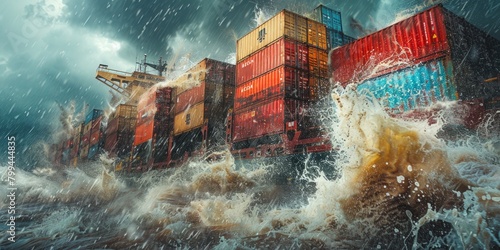cargo ship battles rough seas, losing containers to the powerful storm as it navigates the treacherous waters.