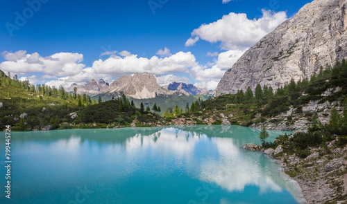 Lago di Sorapiss (Lake Sorapiss) - mountain 1925m altitude lake with unique turquoise color water in Belluno province in Nothern Italy.