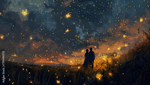Surreal digital painting depicting a couple stargazing in a field of glowing firefliesar74v60 Generative AI
