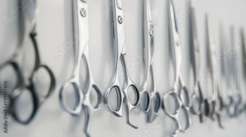 Describe a scenario where hairstyling scissors stand out against a crisp white backdrop, symbolizing the artistry and skill involved in the world of salon haircuts