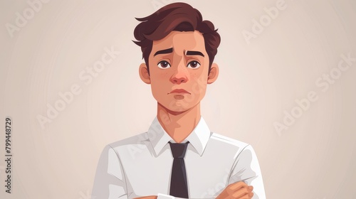 There is a suspicious person frowning having a doubt. Serious tensed disgusted employee man with a negative emotion. Disappointed worried office worker. This flat graphic modern illustration is