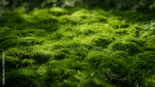 Lush green moss and young grasses basking in speckled sunlight, showcasing vibrant forest floor textures.
