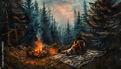 Soft pastel drawing of a couple cuddling on a cozy blanket by a crackling campfire in the woodsar74v Generative AI