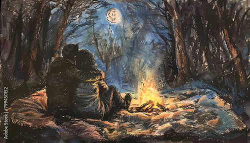 Soft pastel drawing of a couple cuddling on a cozy blanket by a crackling campfire in the woodsar74v Generative AI