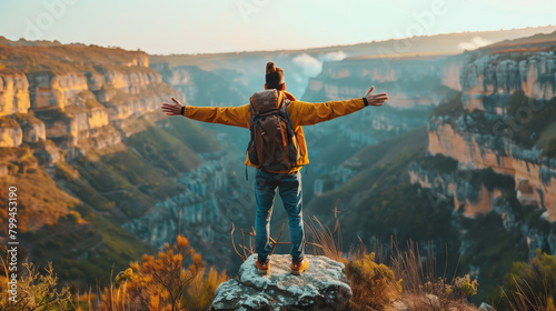 A traveler standing on a cliff overlooking a stunning landscape, arms outstretched with a big smile, embracing the happiness and adventure of exploring new destinations.