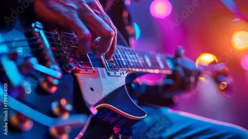 Electric guitar close-up, fingers sliding over frets, vibrant stage lights reflecting, essence of rock