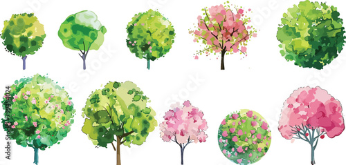 Watercolor of pink and green blooming tree top view isolated on white background for landscape plan and architecture drawing. Elements for garden , botanical plan. Vector watercolor of tree top view
