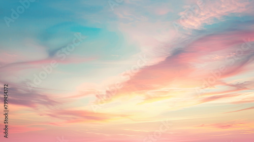 Tranquil image capturing the gentle hues of a pastel sunset, with soft shades of pink, blue, and orange blending seamlessly across a peaceful sky canvas