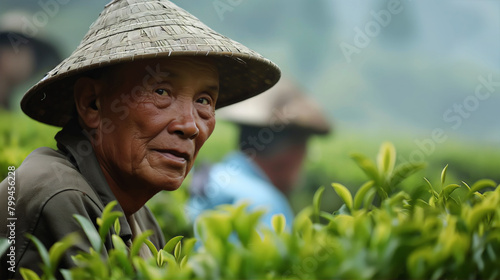Portrait of an elderly asian tea farmer with a traditional conical hat focusing diligently on tea leaves in a lush green plantation, exemplifying rural agricultural life
