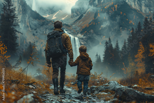 Parents and children venturing on a scenic nature hike together, marveling at towering trees and cascading waterfalls along the trail. Generative Ai.